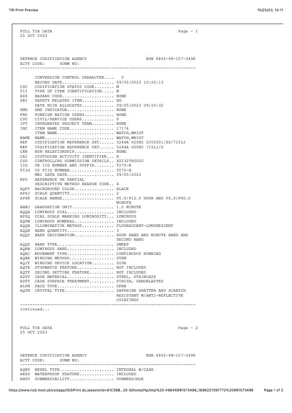 Current NATO Pattern Quartz Military Divers Watch with Sapphire Crystal and 10 Year Battery Life and Ceramic Bezel - NATO STOCK NUMBER NSN 6645-99-157-3496