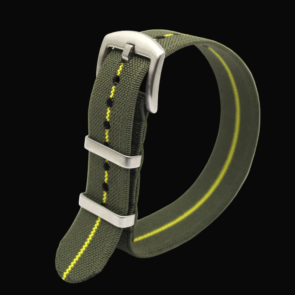 20mm Green with a Yellow Stripe Heavy Duty Elasticated NATO Military Watch Strap