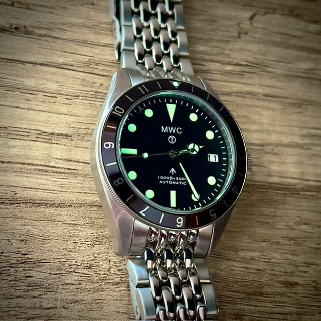 MWC Classic 1960s Pattern Dual Time Zone Automatic Divers Watch with Retro Luminous Paint and Sapphire Crystal on Matching Stainless Steel Bracelet