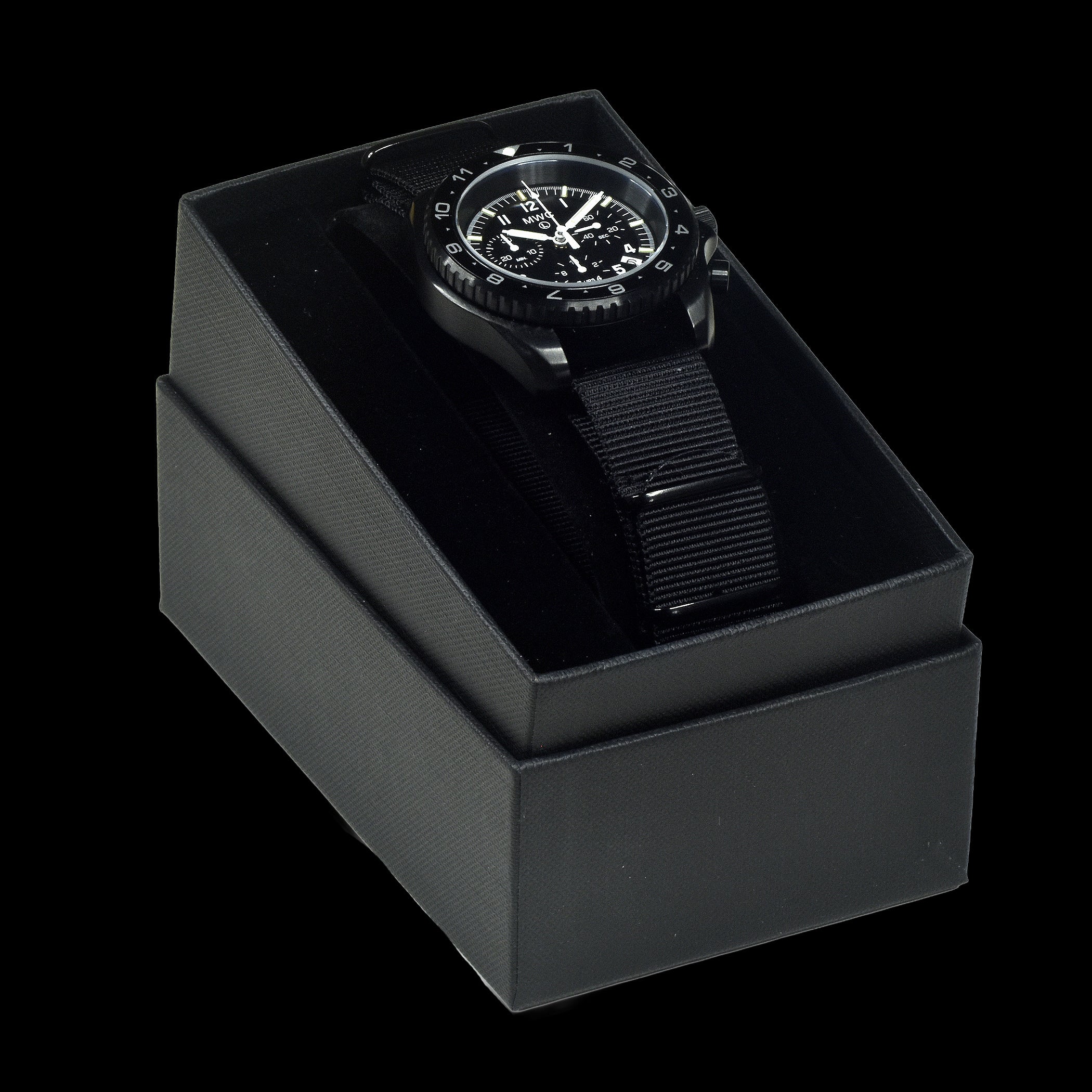 MWC NATO Pattern Stainless Steel Military Pilots Chronograph with Sapphire Crystal and Swiss Ronda Movement - 12 Hour GMT Bezel and GTLS/Tritium Illumination