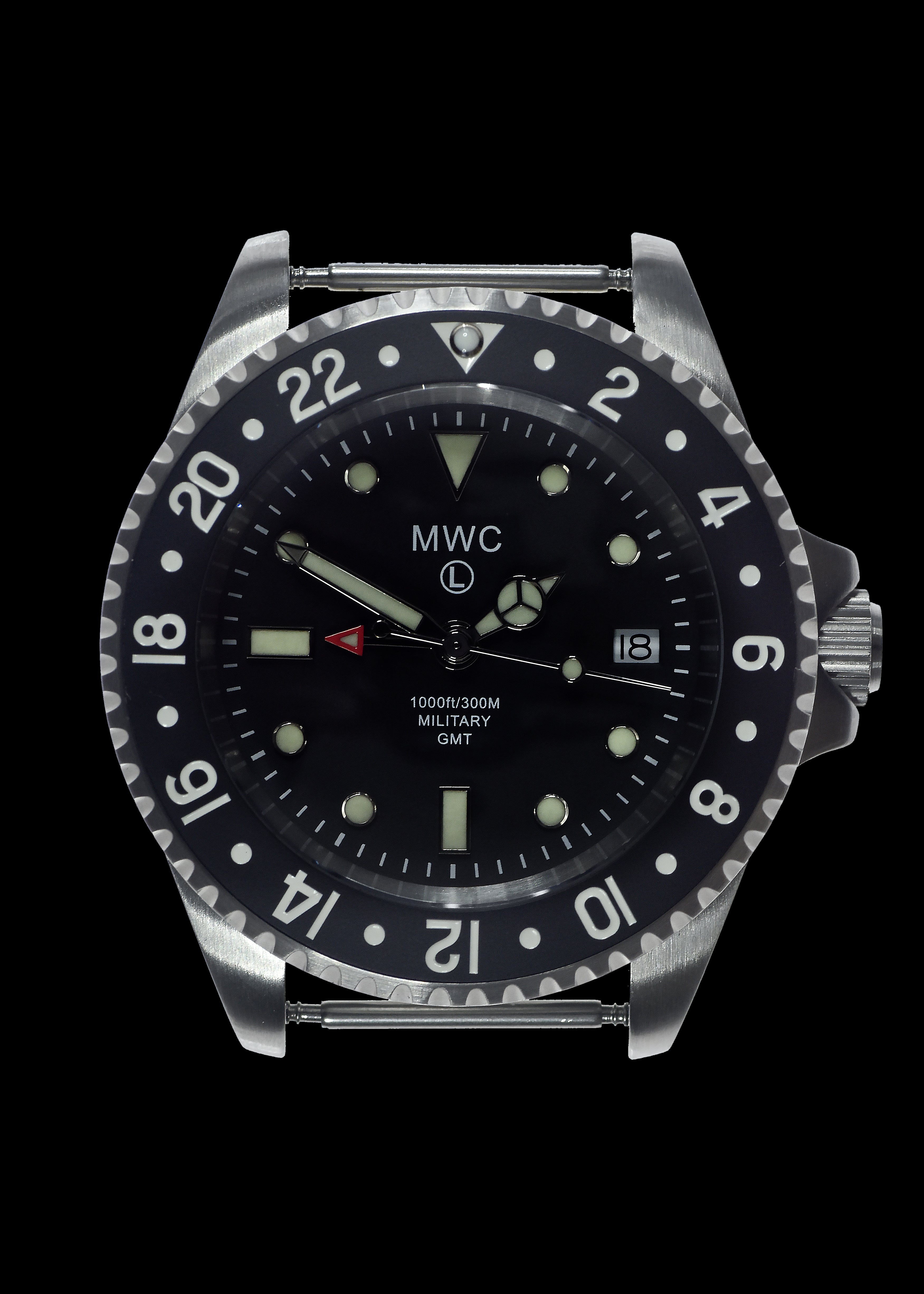 MWC Stainless Steel GMT (Dual Time Zone) Military Watch with Sapphire Crystal and Ceramic Bezel on Silicon Band with 2 NATO Straps