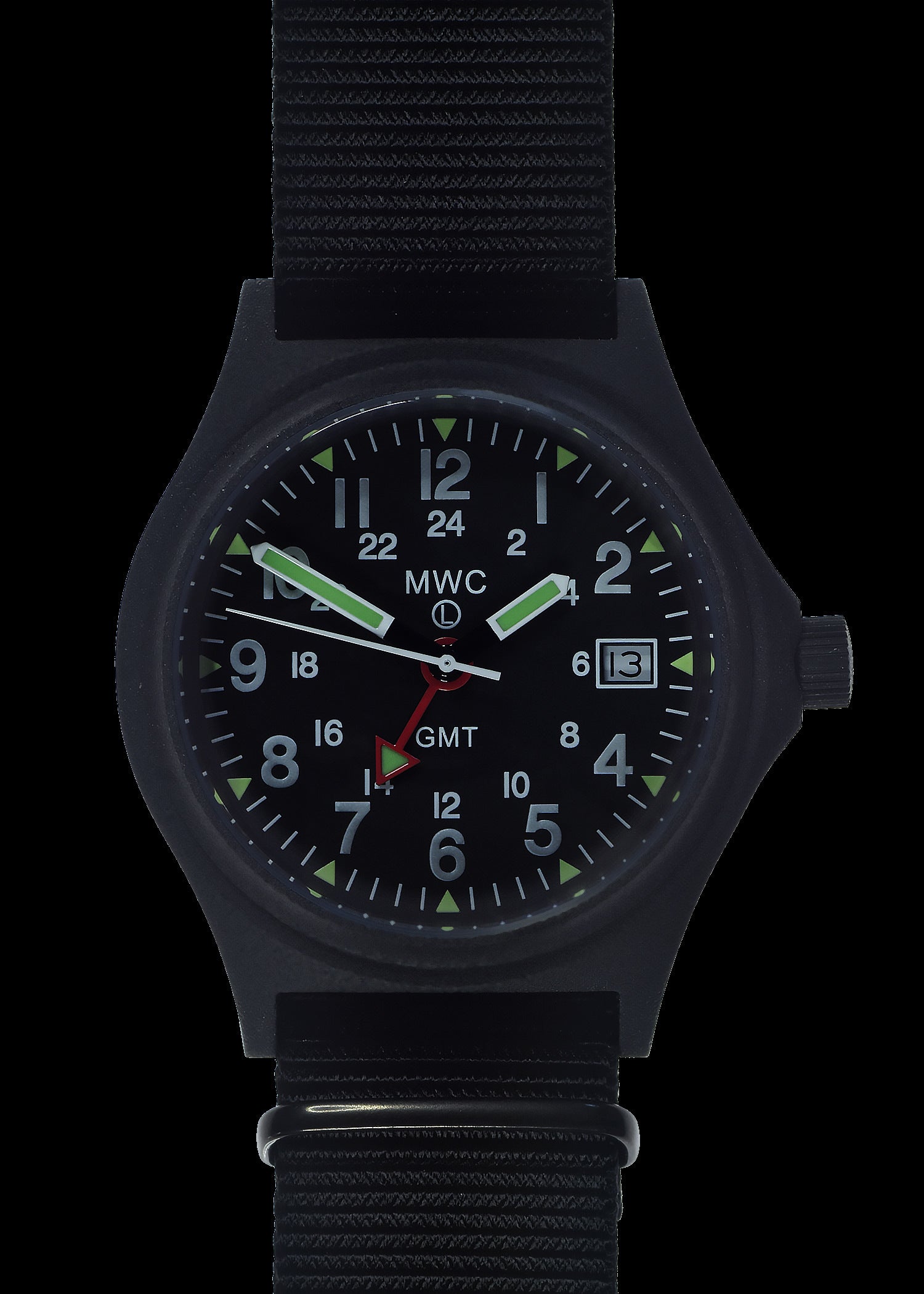 MWC GMT (Dual Time Zone) 100m/330ft Water resistant Military Watch in Black PVD Steel Case with Screw Crown