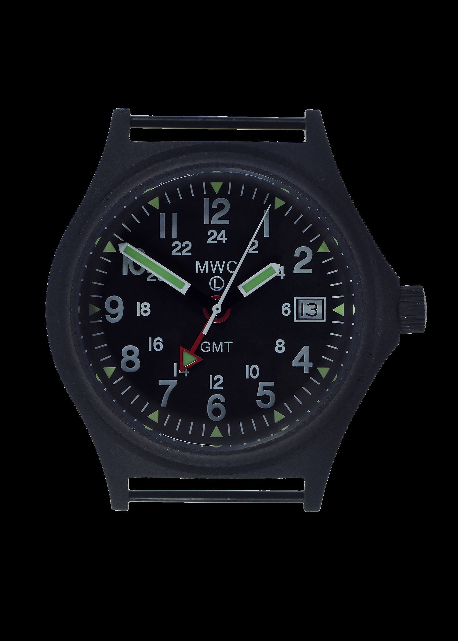 MWC GMT (Dual Time Zone) 100m/330ft Water resistant Military Watch in Black PVD Steel Case with Screw Crown