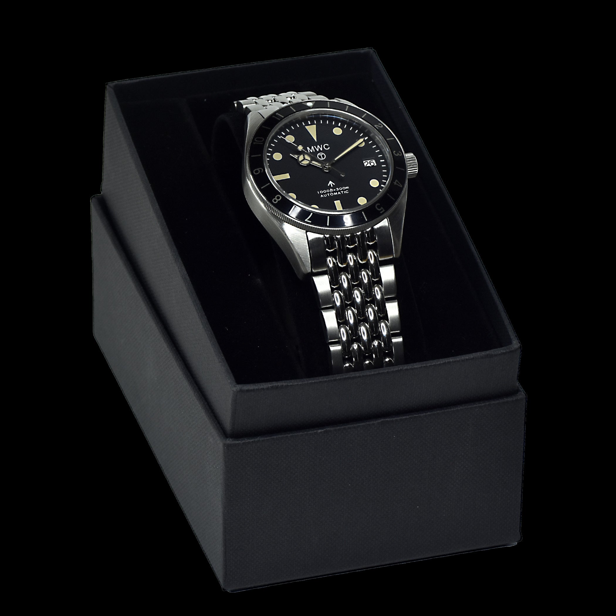 MWC Classic 1960s Pattern Dual Time Zone Automatic Divers Watch with Retro Luminous Paint and Sapphire Crystal on Matching Stainless Steel Bracelet - Ex Photographic Sample Reduced