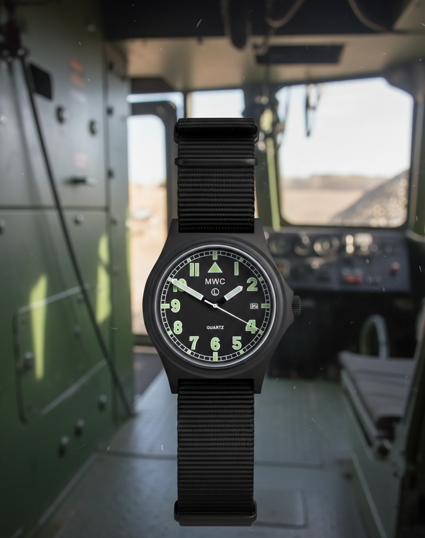 MWC G10 200m/660ft Water resistant Black PVD Steel Military Watch with Sapphire Crystal and Date - NATO Stock Number: NSN 6645-99-493-1283D