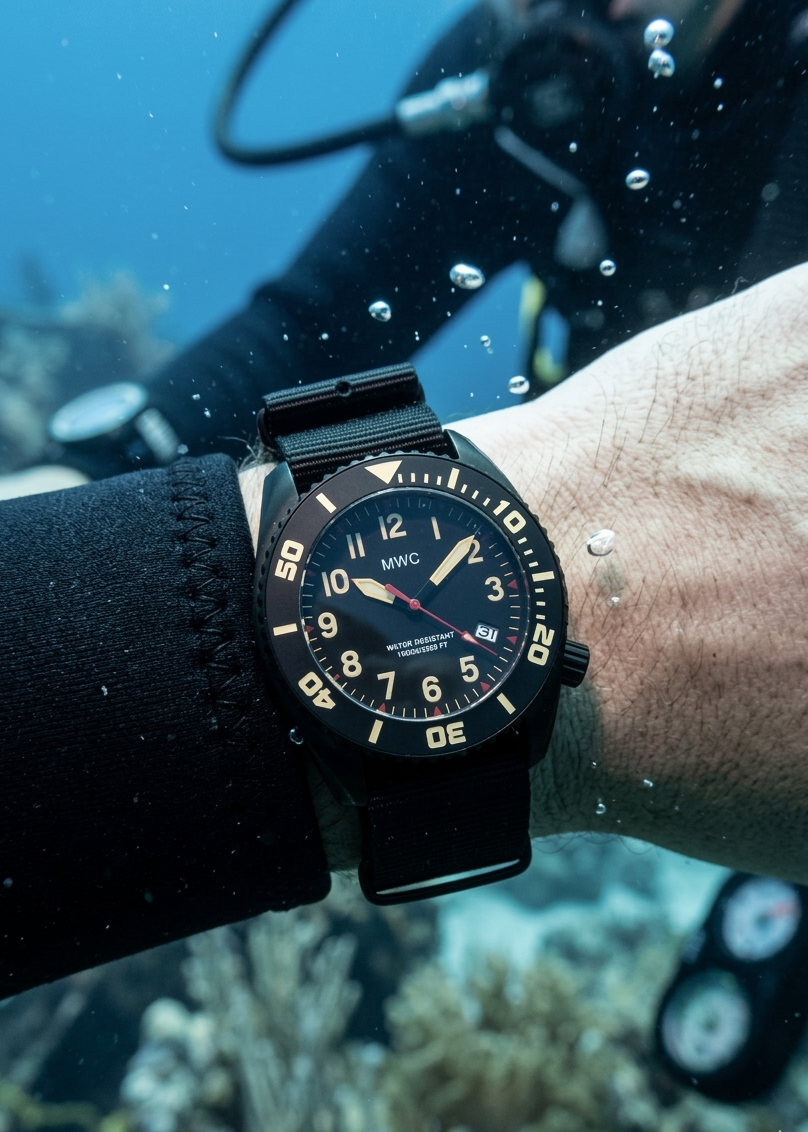 MWC "Depthmaster" 100atm / 3,280ft / 1000m Water Resistant Military Divers Watch in a PVD Titanium Case with Luminova and a Helium Valve (Automatic)