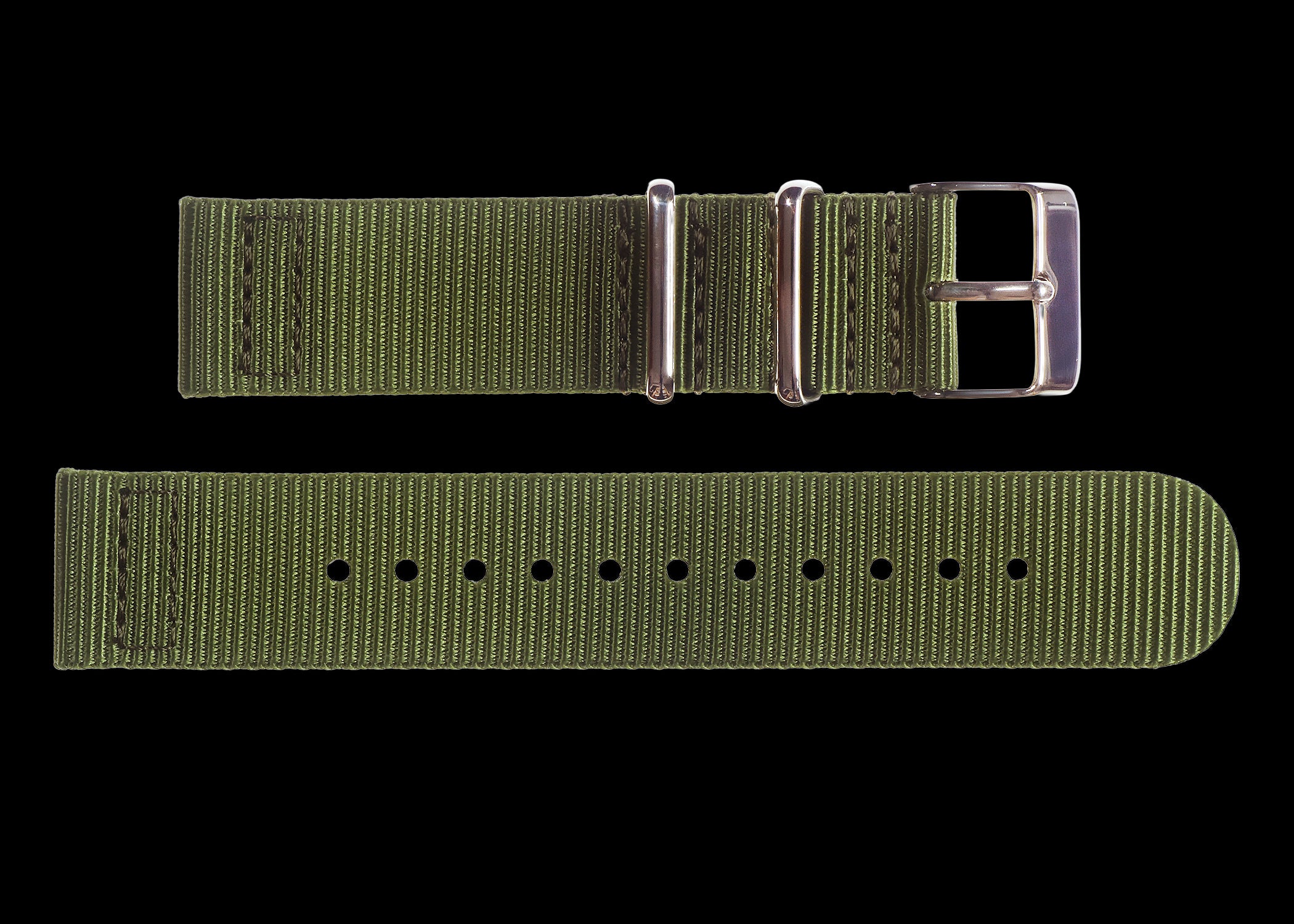 2 Piece 22mm Olive NATO Military Watch Strap in Ballistic Nylon with Stainless Steel Fasteners