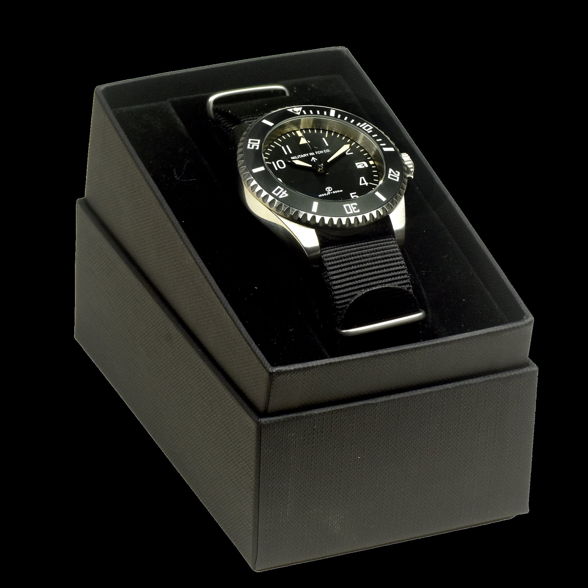 MWC 24 Jewel 1980 Pattern 300m Automatic Military Divers Watch with Sapphire Crystal and Ceramic Bezel on a NATO Webbing Strap (With Date)