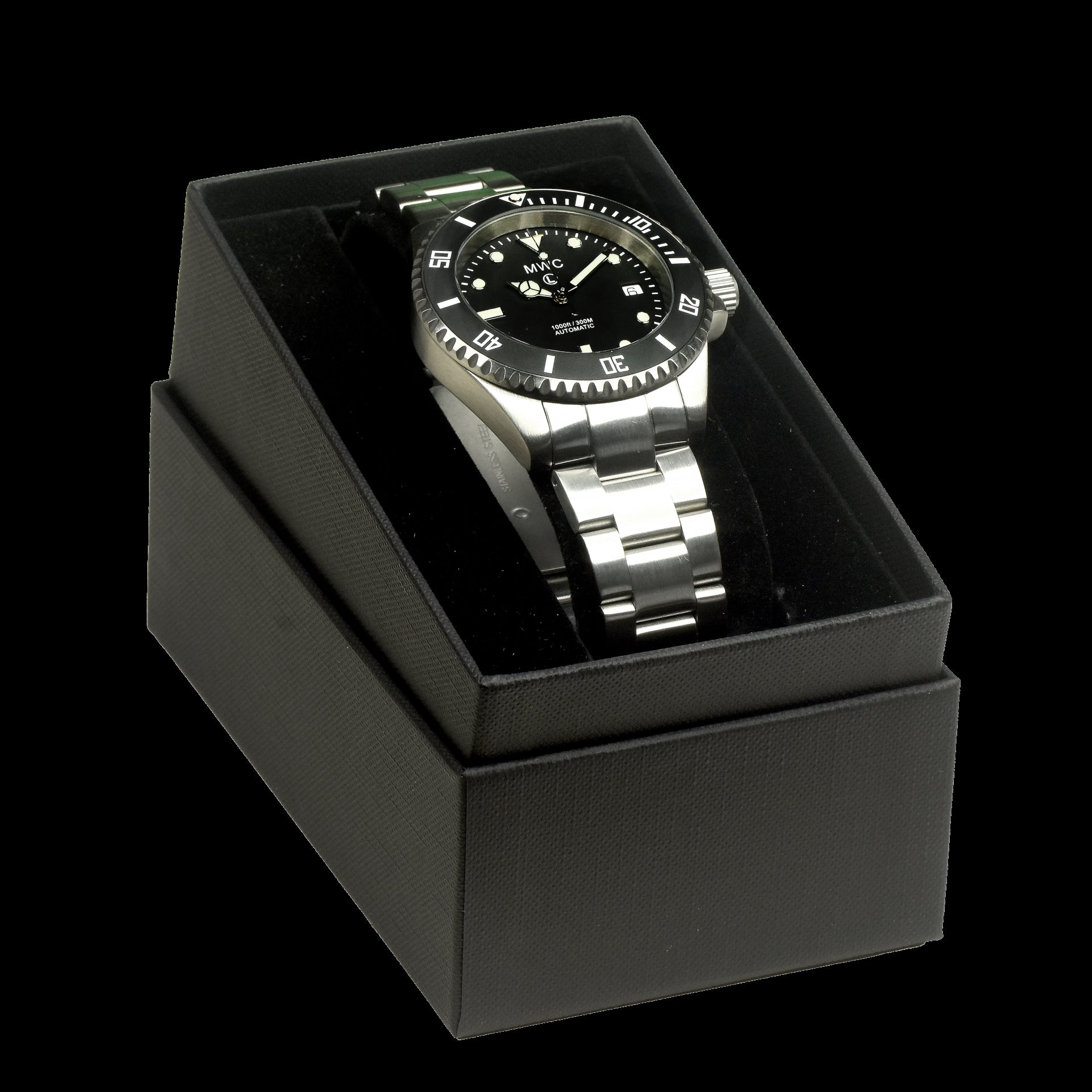 MWC 24 Jewel 300m Automatic Military Divers Watch with Sapphire Crystal and Ceramic Bezel on a Matching Stainless Steel Bracelet