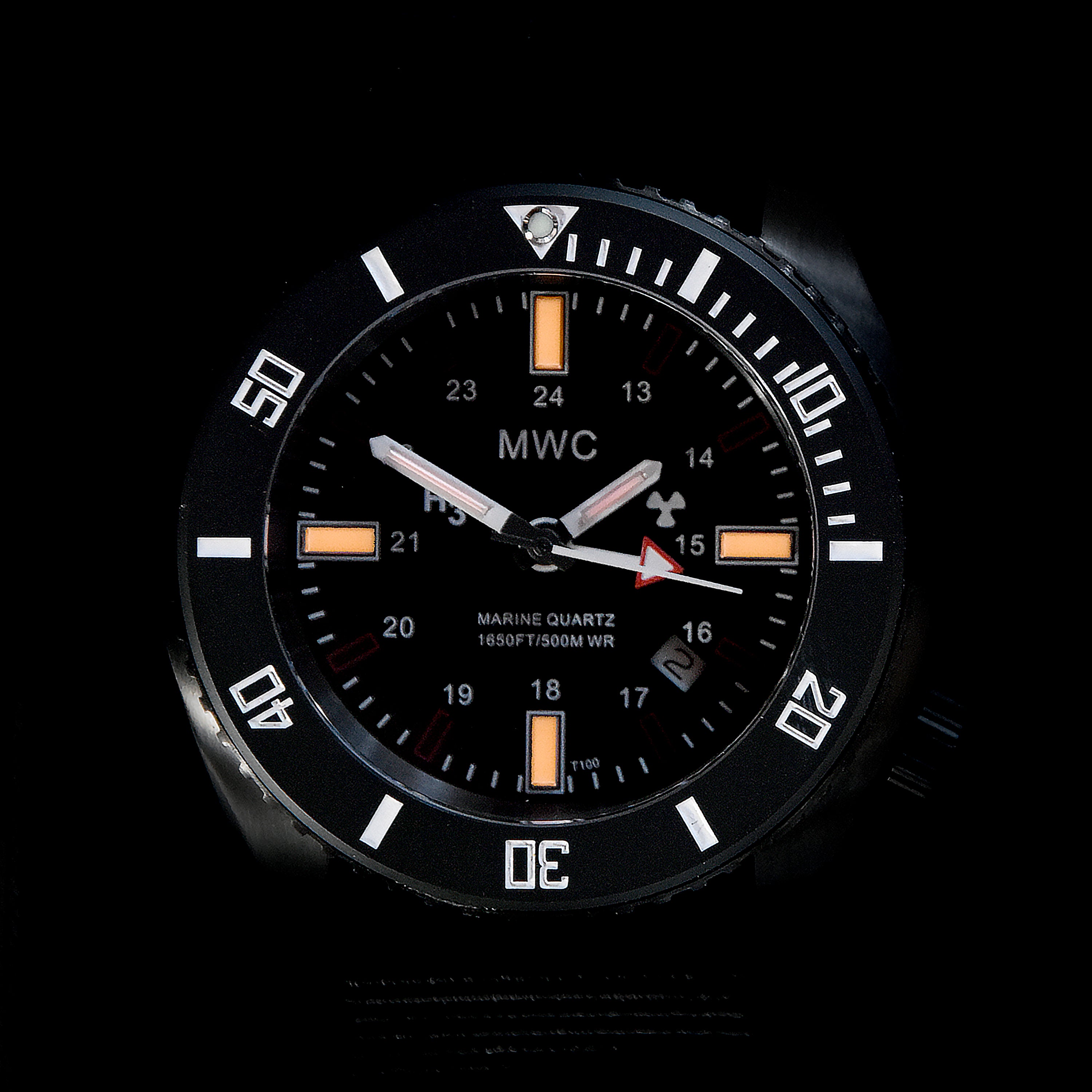 MWC "Submariner / Naval Crew Divers Watch" in Covert Black PVD 500m (1,640ft) Water Resistant Dual Time Zone Military Watch in PVD Stainless Steel Case with GTLS and Helium Valve