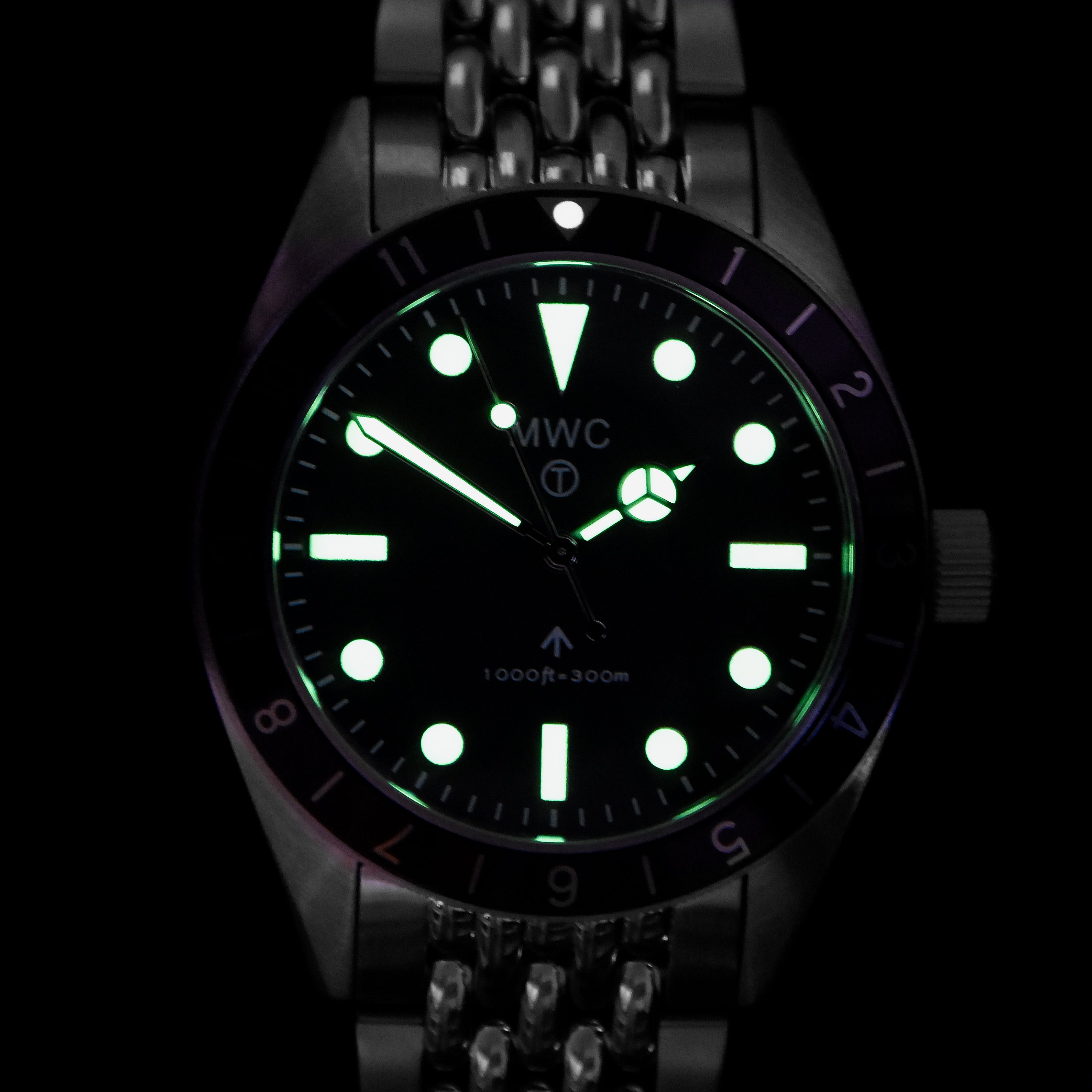 MWC Classic 1960s Pattern Dual Time Zone Divers Watch with Retro Luminova Paint and a Hybrid Mechanical/Quartz Movement on Matching Bracelet