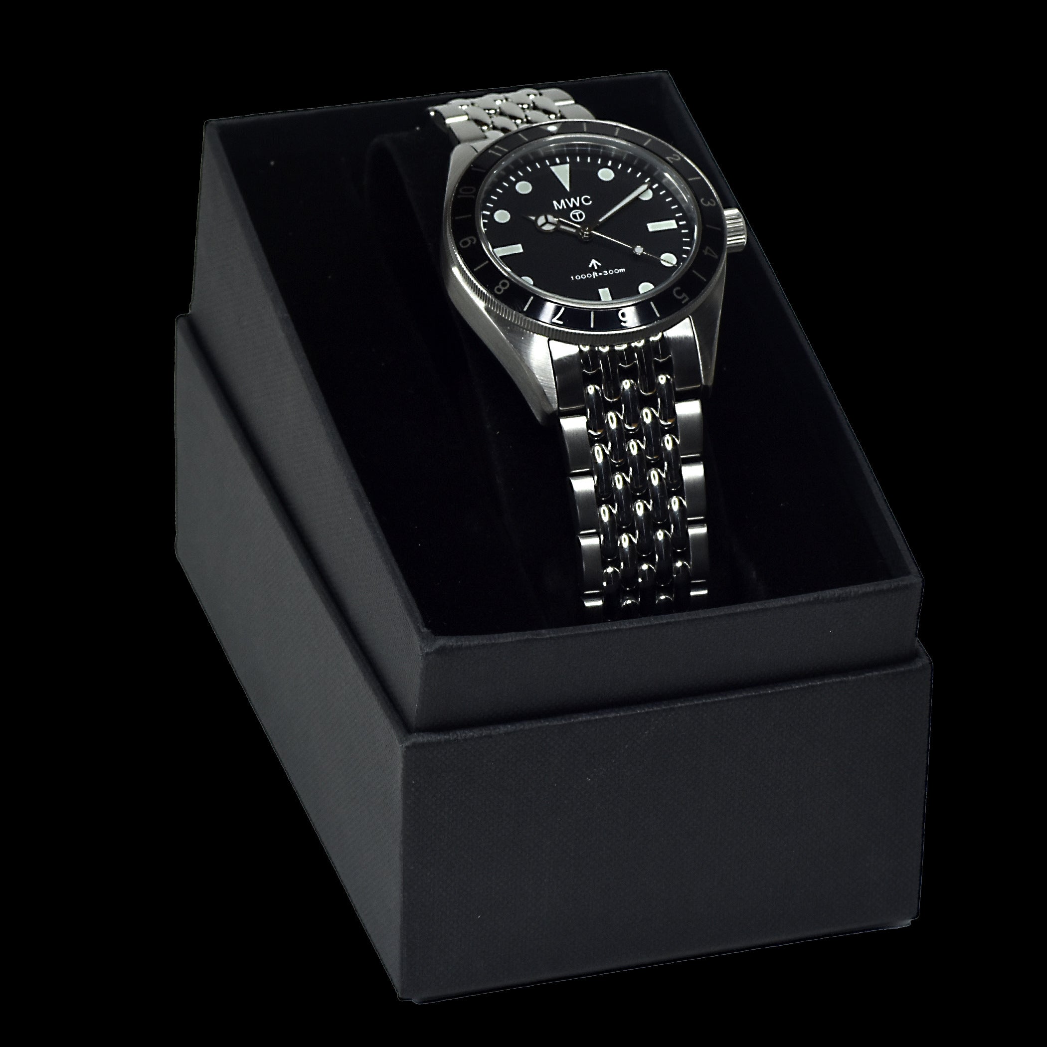 MWC Classic 1960s Pattern Dual Time Zone Divers Watch with Luminova Paint and a Hybrid Mechanical/Quartz Movement on Matching Bracelet